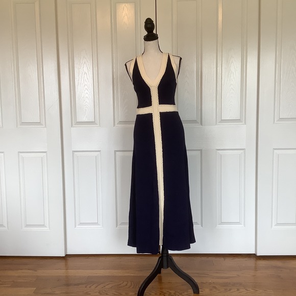 Reiss Dresses & Skirts - Reiss‎ Lou-Craft Detail Knitted Navy Blue Cream V-Neck Maxi Dress Size M NWT
